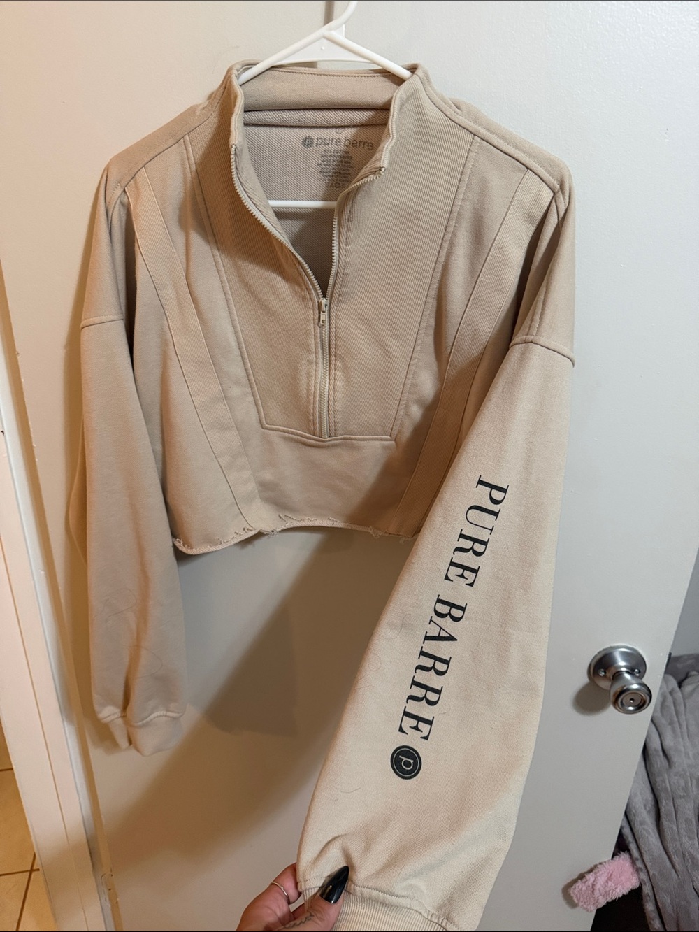 Pure Barre Cropped Quarter-Zip Sweatshirt in Beige